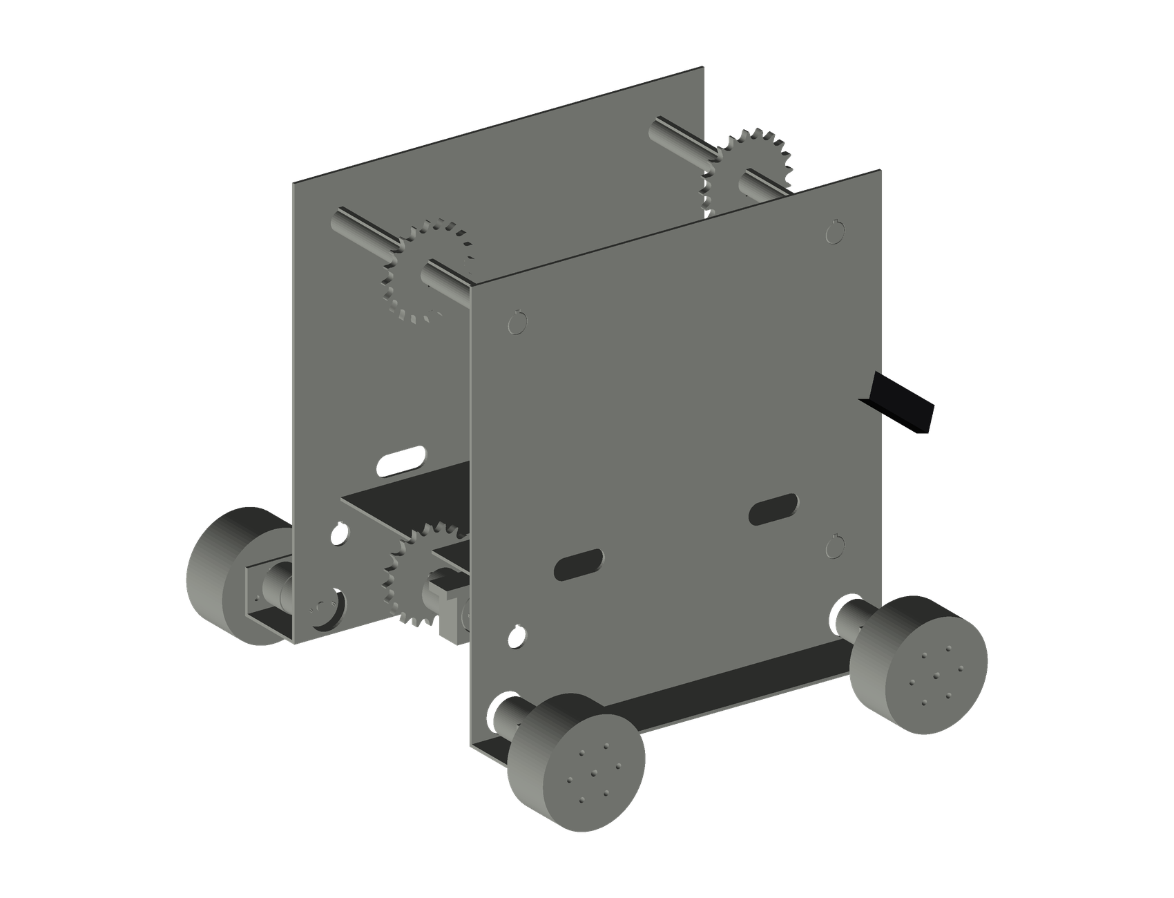 Three-quarter orthographic render of the ROBONEXUS robot: mecanum wheels, side panels, chain sprockets and the stereo camera, generated from its own URDF and CAD meshes.